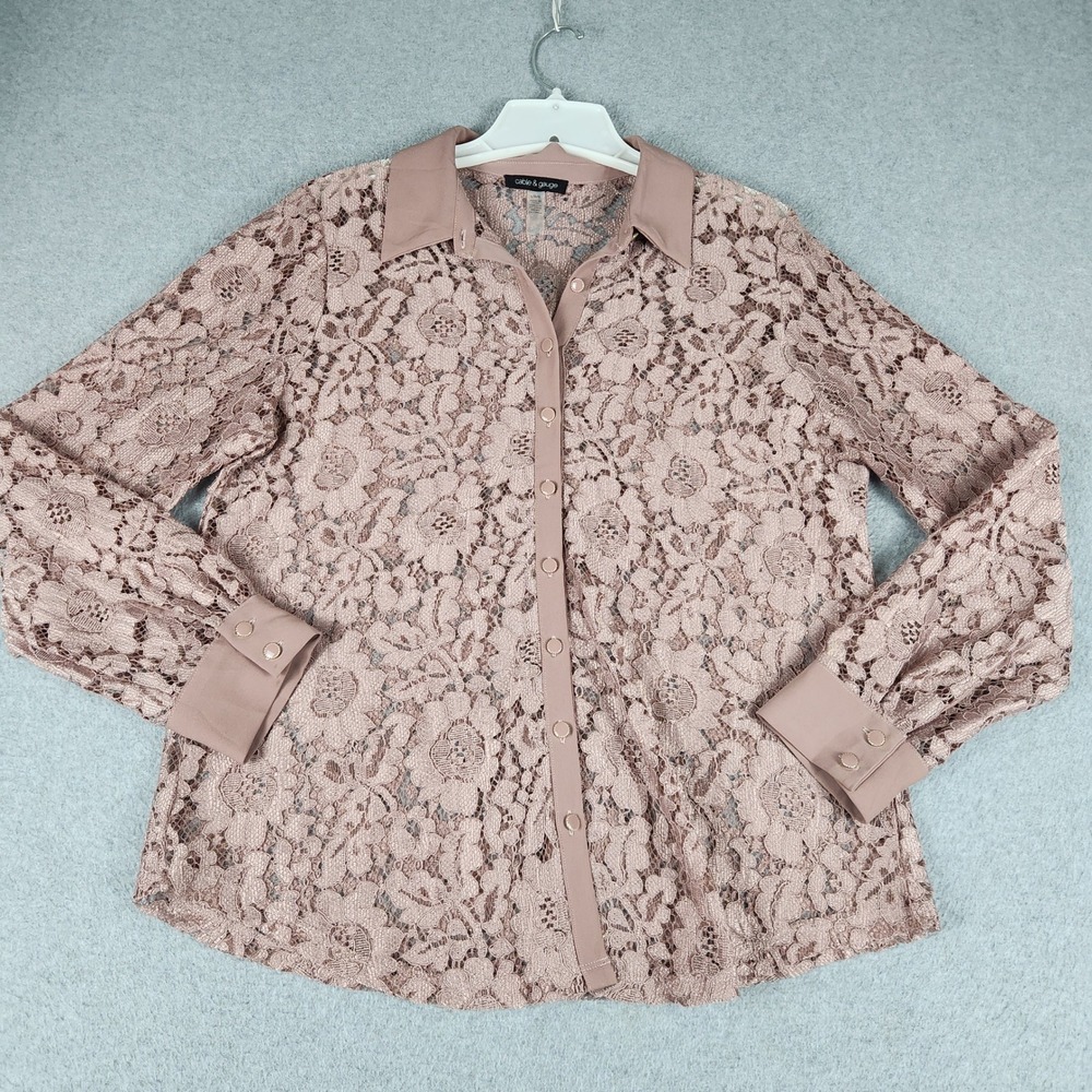 Cable & Gauge Blouse Womens L Pink Floral Lace Long Sleeve Collared Button Up